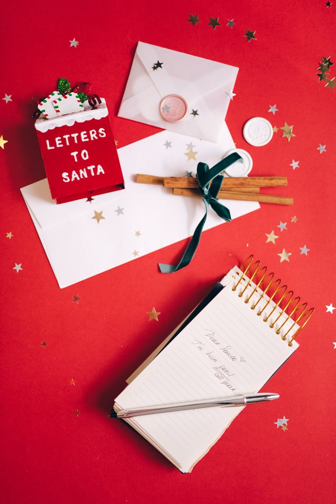 A festive flat lay with a letter to Santa on a red background and Christmas decorations.